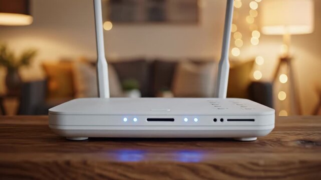 Wi fi router on table in home interior, wireless internet technology concept