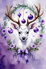 Whimsical watercolor white deer portrait with purple Christmas ornaments on antlers, floral wreath, and ribbon bow for holiday greeting card.
