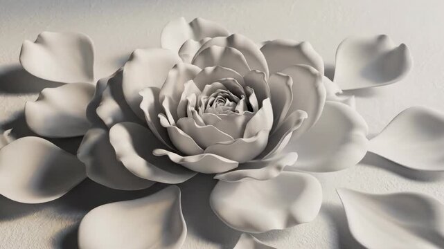 Abstract subtle animation loop featuring flowing white stylized peony and rose petals blooming organically on a clean white textural background animation, soft, featuring