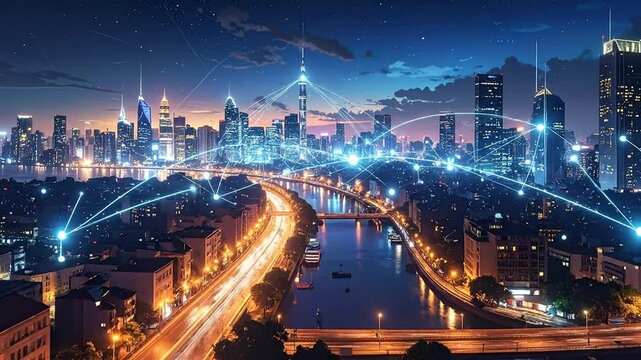 Futuristic City at Night: Digital Art of Technology and Urban Landscape with Glowing Connections