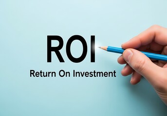 R O I Return On Investment Text with Blue Pencil on Light Blue Background