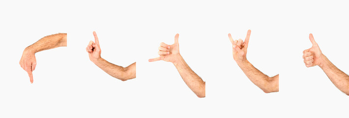 Collage of male arm making various hand gestures on white background, communication