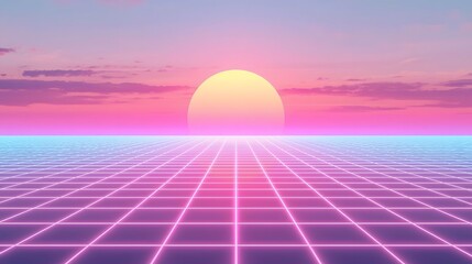 Retro Synthwave Sunset with Neon Grid Horizon Background