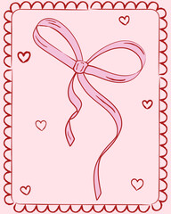 Vintage Hand Drawn Pink Bow with Hearts and Simple Red, Frame , Doodle Festive Frame, Decorative, Border, Vector