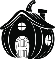 Black and white pumpkin house silhouette, Halloween cottage illustration, fantasy pumpkin home design, spooky autumn clipart, magical fairy tale house