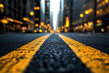 Empty city street with bright yellow road lines at night