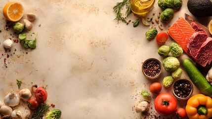 Fresh healthy cooking ingredients surrounding copy space on a table