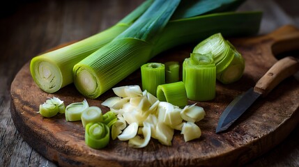 Freshly chopped and whole leeks prepared on a rustic wooden board