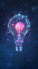 Glowing lightbulb with glowing connections against a cosmic starscape