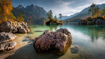 Idyllic mountain lake reflects autumn trees and majestic rugged peaks