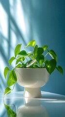 Lush green pothos plant in elegant white pot with window shadows