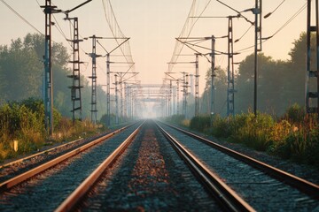 Fototapeta premium A captivating view down the railroad tracks at sunrise, leading into the horizon, creating a sense of journey and possibility on the railway.