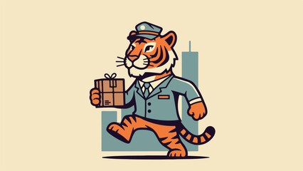 Vintage Tiger Courier Mascot Retro Delivery Service Illustration