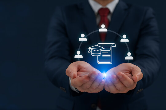 Professional hands holding glowing icons representing education certification online learning and skill development within a connected network of people and knowledge - Powered by Adobe