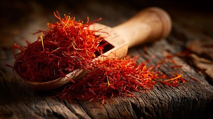 Precious red saffron threads overflowing from a rustic wooden scoop