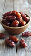 Sweet dried dates in a rustic bowl on wooden table