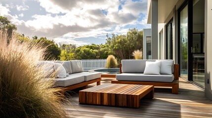 Stylish modern patio with wooden furniture and lush green plants