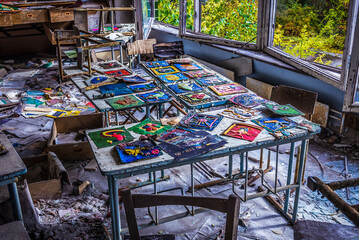 Classroom of school No 2 in Pripyat, abandoned city in Chernobyl Exclusion Zone, Ukraine