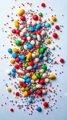 Vibrant assortment of colorful candies and tiny sprinkles scattered beautifully across a pristine white surface