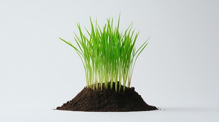 Vibrant green grass sprouts growing in rich soil mound