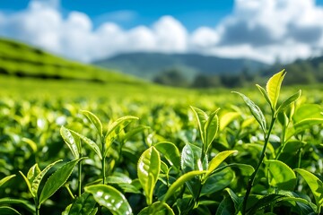 Vibrant green tea leaves thrive under a bright blue sky on a beautiful plantation