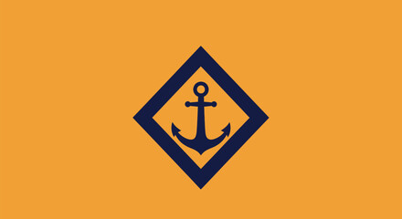A dark blue anchor within a diamond frame on a bright orange background © gudangPIXEL