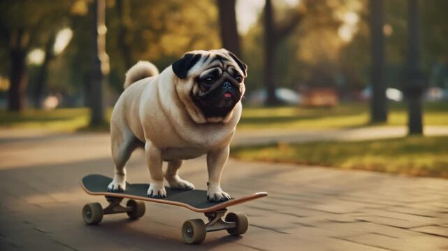 Cute pug dog riding skateboard in sunny park with cinematic golden light