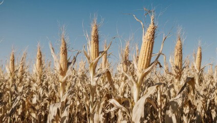 Fototapeta premium Golden dry corn field under a clear blue sky ready for harvest.