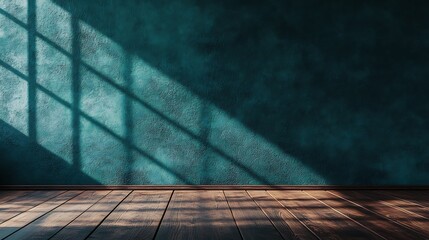 Warm sunlight casts geometric shadow patterns on a teal wall