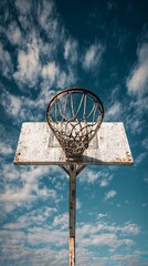 Weathered basketball hoop stands against a dramatic cloudy blue sky