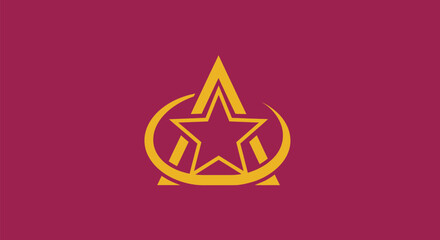 Burgundy background with gold emblem. Star inside a triangle with a crescent