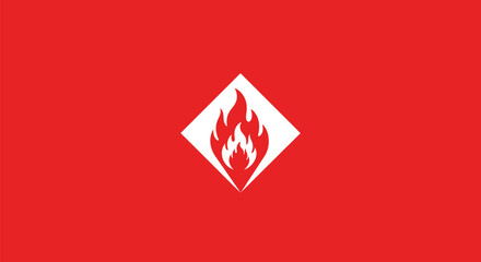 A centered white flame icon within a diamond shape on a red background