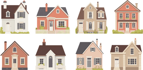 Charming cottage house illustration set, cozy suburban homes, vintage architectural designs, cute residential buildings, decorative facades, warm neighborhood clipart artwork