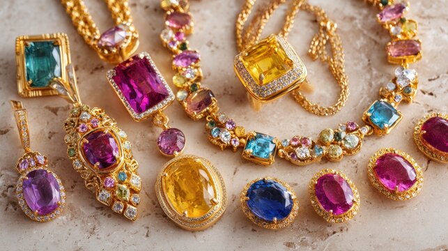 Luxury gold jewelry with colorful gemstones displayed on marble