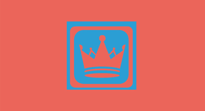 A stylized crown within a square in a vibrant two-tone color palette