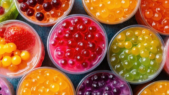 Colorful popping boba cups arranged for refreshing desserts
