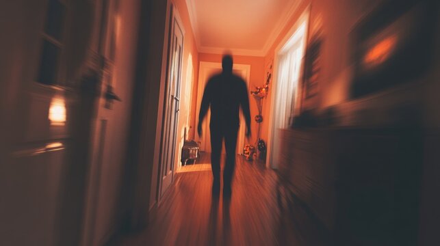 Blur of murderer in house. halloween concept.
