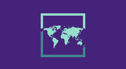 A world map silhouette in turquoise within a gradient green box on a dark purple background
