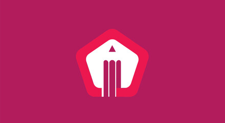 Geometric abstract logo featuring a white central shape in a pentagon, on a solid magenta background