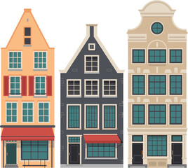 Charming European townhouses illustration with vintage facades, Dutch canal houses, decorative architecture details, city street buildings, traditional historic urban design artwork