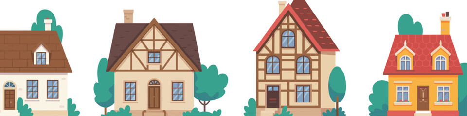 Traditional house illustration set with charming architecture, half-timber homes, cozy cottages, European residential buildings, rustic village facades artwork
