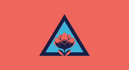 A geometric floral emblem with a stylized flower inside a triangle, set against a coral backdrop