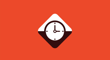 Minimalist clock icon within a rounded diamond shape, set against an orange background