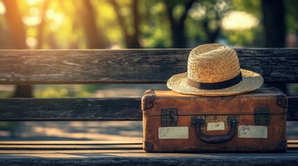 Vintage Leather Suitcase and Straw Hat on Park Bench