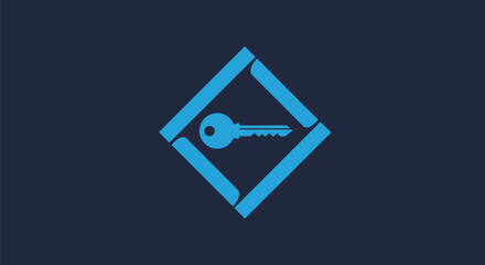 Blue key graphic inside a diamond frame, set against a dark blue background