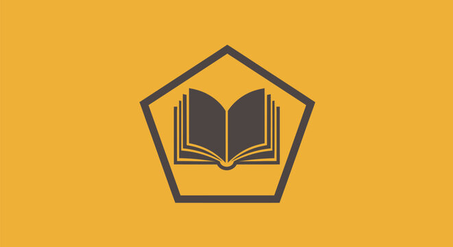 A dark gray open book inside a dark gray pentagon on a yellow background - Powered by Adobe