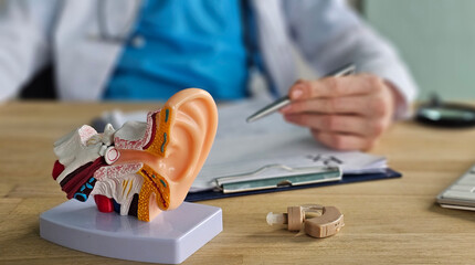 Details of ear anatomy model on a desk during a consultation with a hearing specialist concept