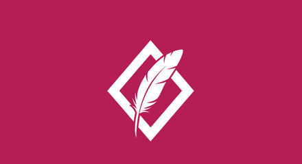 A white feather within a diamond frame on a crimson background. Simple, elegant design