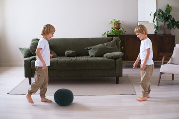Two boys twins are playing ball in the living room