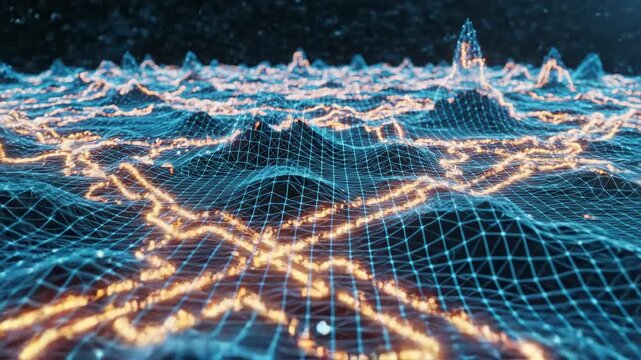 Abstract technological topological 3D wireframe map showing animated light tracing data movement across conceptual peaks and valleys energy, data, design